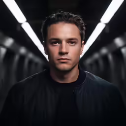 a man in a black jacket looking to the side