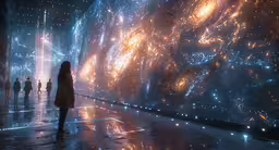 people standing and watching fireworks as they fly above,a woman walking down a hallway at night with lights and stars on the floor