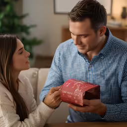 a man holds a chocolate gift from a woman