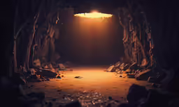 the sun peeks through a cave filled with rocks and trees