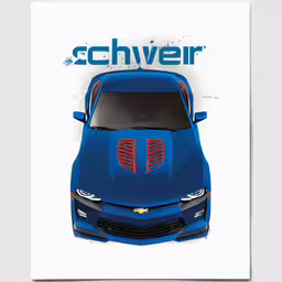 the chevrolet poster is shown in front of white wall,a photo of the chevrolet car, with a chevrolet logo on it