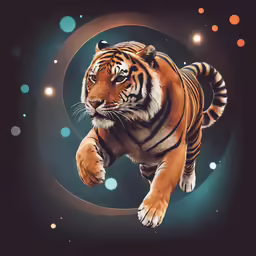 a tiger running towards a circular object in a dark background