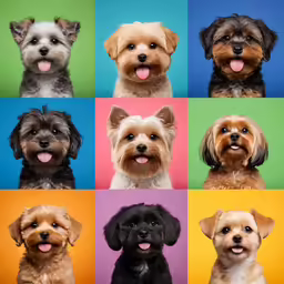 the multiple photographs of small dogs show different facial expressions