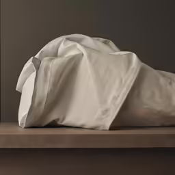 a bed with a white blanket and some pillows