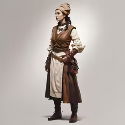 a woman dressed in an outfit with a long belt
