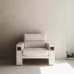 a white chair sits against a light grey wall