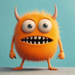an orange hairy creature with big eyes and mouthy claws