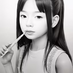 a black and white picture of a little girl brushing her teeth