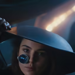 woman looking through a convex glass cap on top of her face