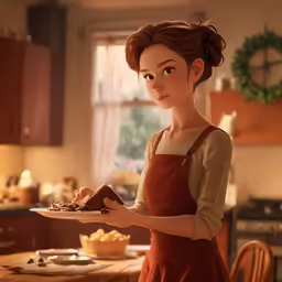 a woman holding a plate of food in her kitchen