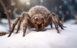 the spider is looking very excited in the snow