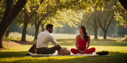 a man and woman in red dress sitting on the ground