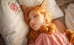 a little girl that has red hair and is laying down
