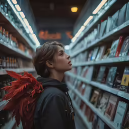 young woman in dark hoodie with feather shawl at the library