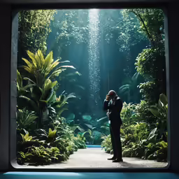 a man stands in a garden under a cloud of sunlight
