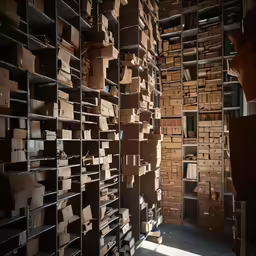 lots of boxes that are on a shelf
