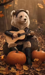 a teddy bear dressed up like a scarecrow with an acoustic guitar