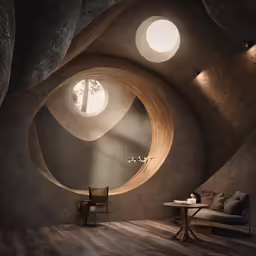 a large circular window in the middle of a room