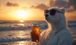 a polar bear drinking and holding a soda in its hand