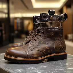 a brown boot is shown with two video cameras on its legs