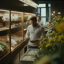 a man working behind the counter at a bakery