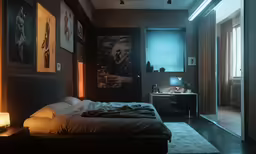 an empty bedroom with a large bed and a night stand