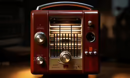 there is a vintage radio set that is red