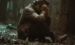 a person sitting on the ground wearing a backpack in a dark forest