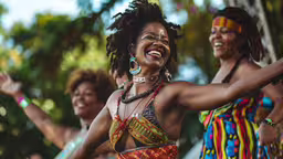a woman dancing in a multi colored festival,two women wearing african - american clothes dance with others in the background