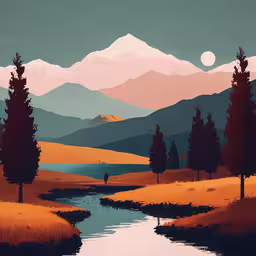 painting of a mountain stream surrounded by golden grasses,a painting of mountains and river running into them