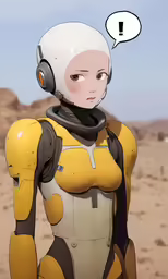 an animated character in a helmet with a question bubble above her head