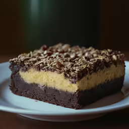 a white plate with a square brownie on top of it