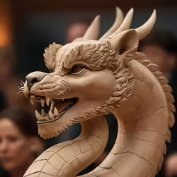 a carved dragon on display with a blurred crowd