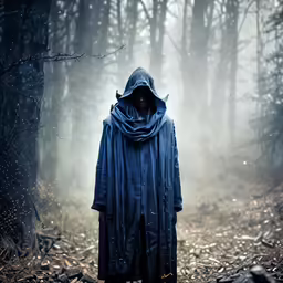 a person in the dark with a jacket standing in a forest