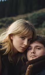 two people one is hugging the other in front of mountains