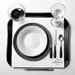 an elegant dinner table setting with black and white design
