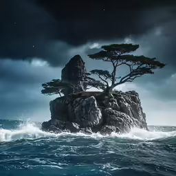 a dark stormy sky looks over the water and a lone tree sits on an island surrounded by rough waves