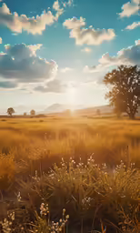 the sun is shining in a golden field