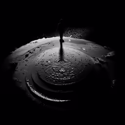 a person standing inside a black metal bowl