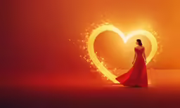a woman in a red dress is standing in front of a heart shaped wall