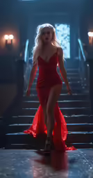 a woman dressed in a red dress walks up the stairs