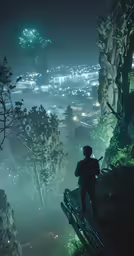 a person stands on the ledge overlooking a city with lights