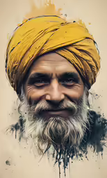 an old man with yellow turban smiling for the camera