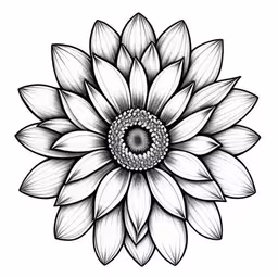 a black and white sunflower with an intricate pattern,a large flower with very detailed petals on a white background