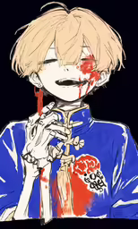 a drawing of an evil looking person holding blood