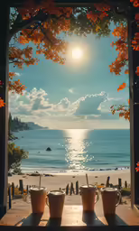 two cups of tea sit on the edge of a window looking at a beach