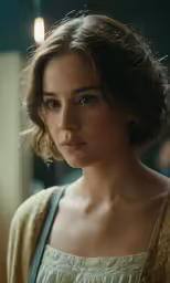 the woman is wearing an old fashioned cardigan sweater