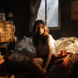 a person sitting on a bed near windows
