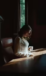 a young woman seated at a table holding a mug in her hands
