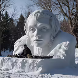a person sitting in the snow in front of a large head
